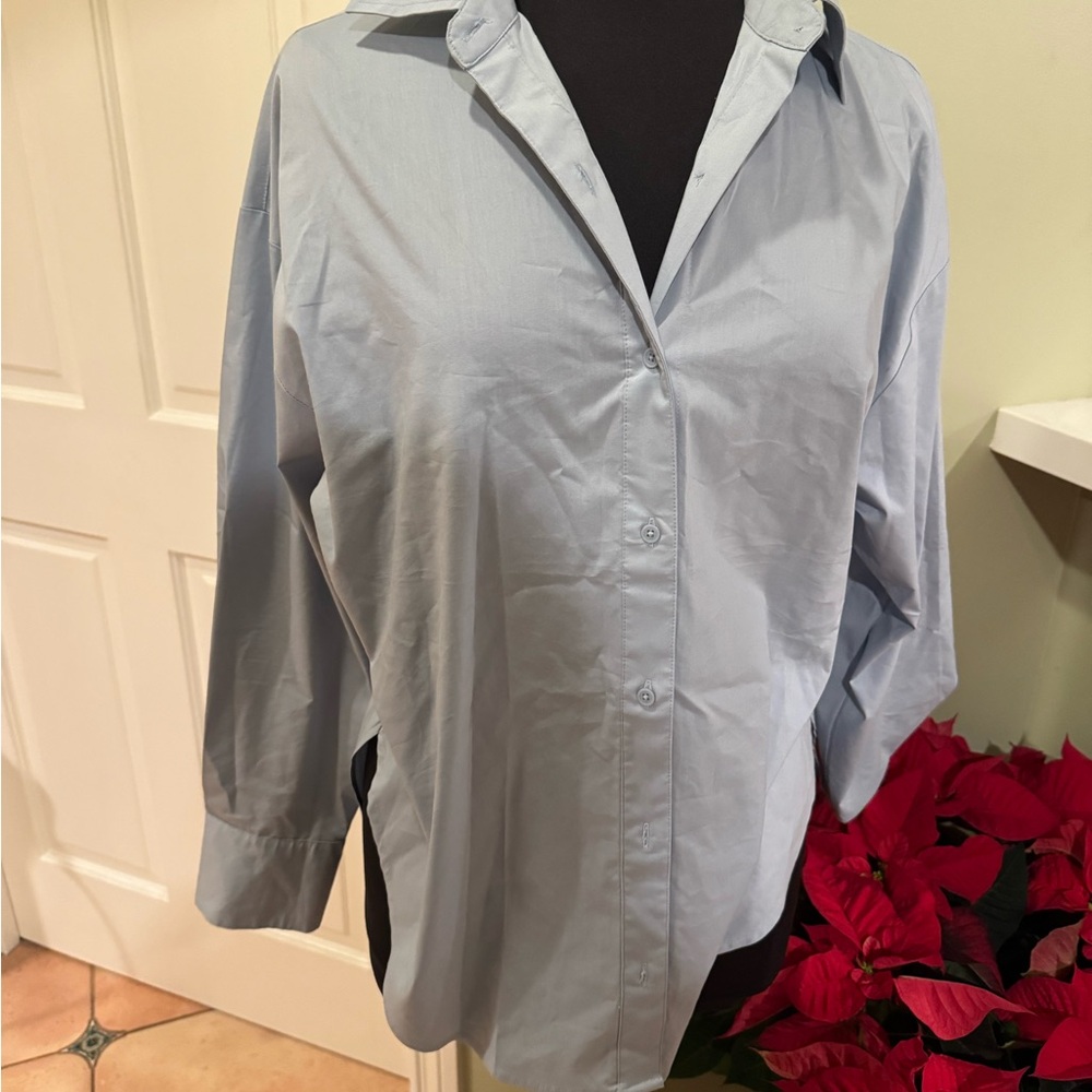 Light Blue Button-Up Shirt Balloon Sleeve